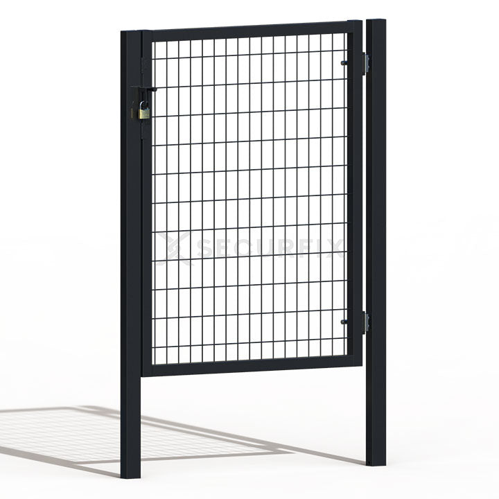 Puerta de mallazo gris antracita premium con aldaba y candado de 1,2m